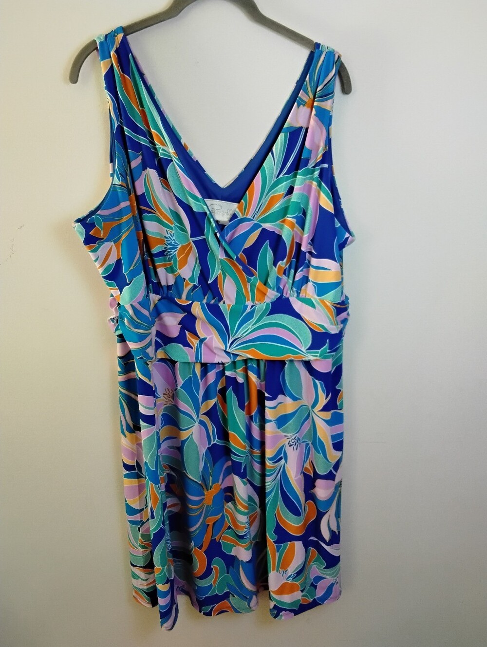 Pappagallo Sleeveless V-Neck Floral Print Dress in Blue XL